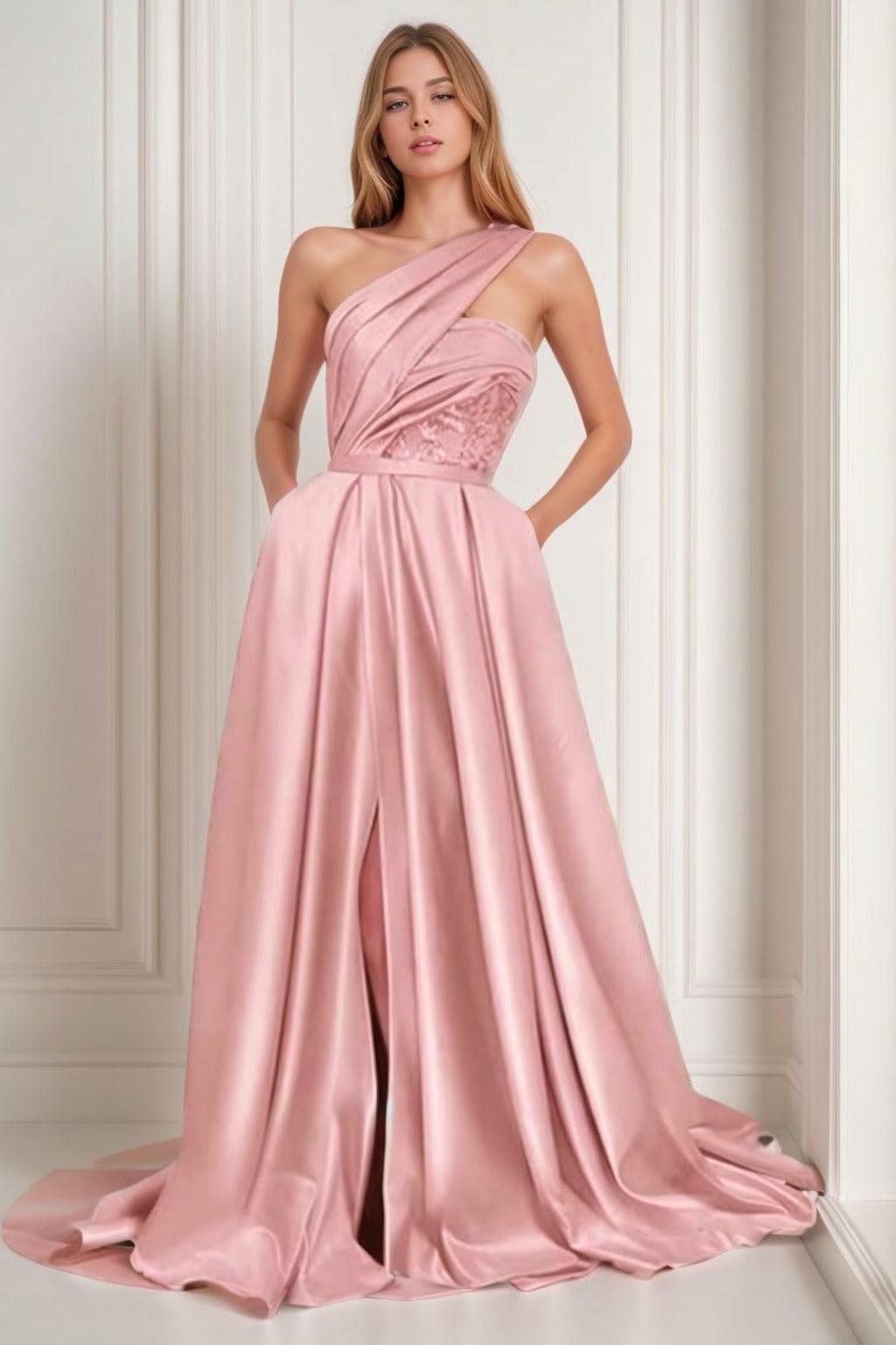 A-Line Sweep-Brush Train Satin Prom Dress CS0429 - COCOMELODY