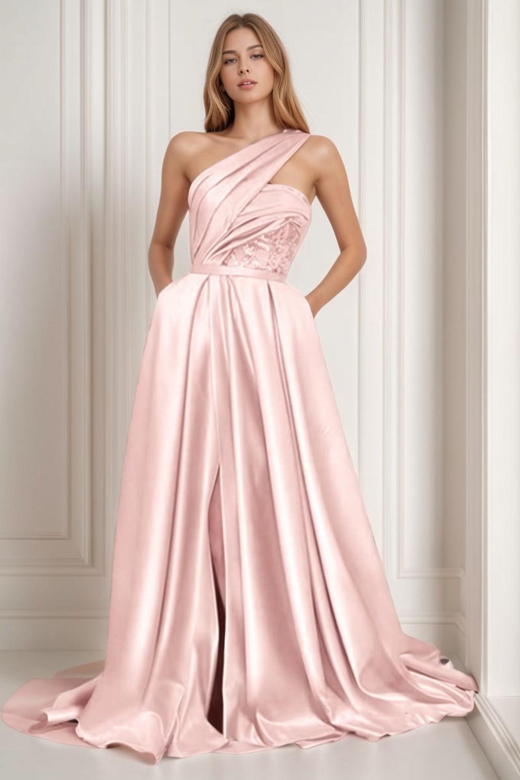 A-Line Sweep-Brush Train Satin Prom Dress CS0429 - COCOMELODY
