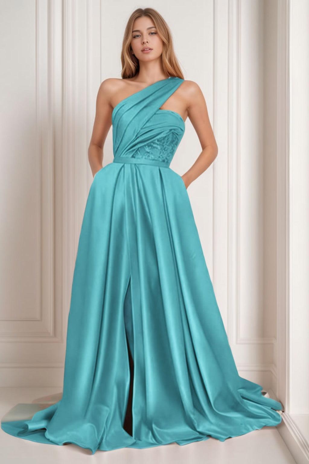 A-Line Sweep-Brush Train Satin Prom Dress CS0429 - COCOMELODY