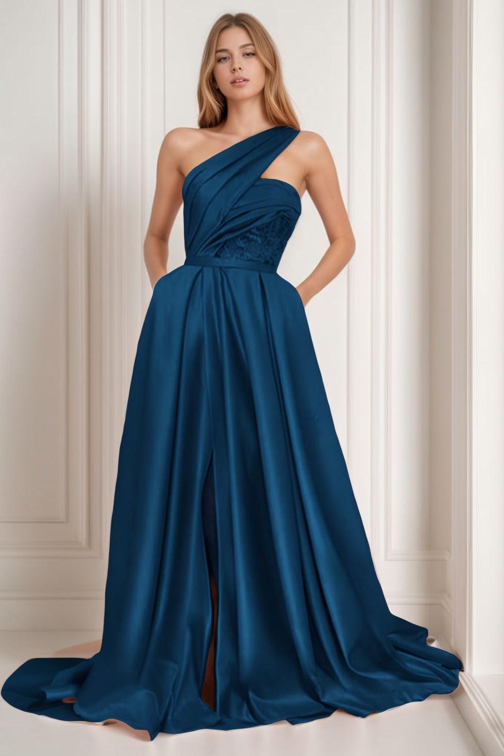 A-Line Sweep-Brush Train Satin Prom Dress CS0429 - COCOMELODY