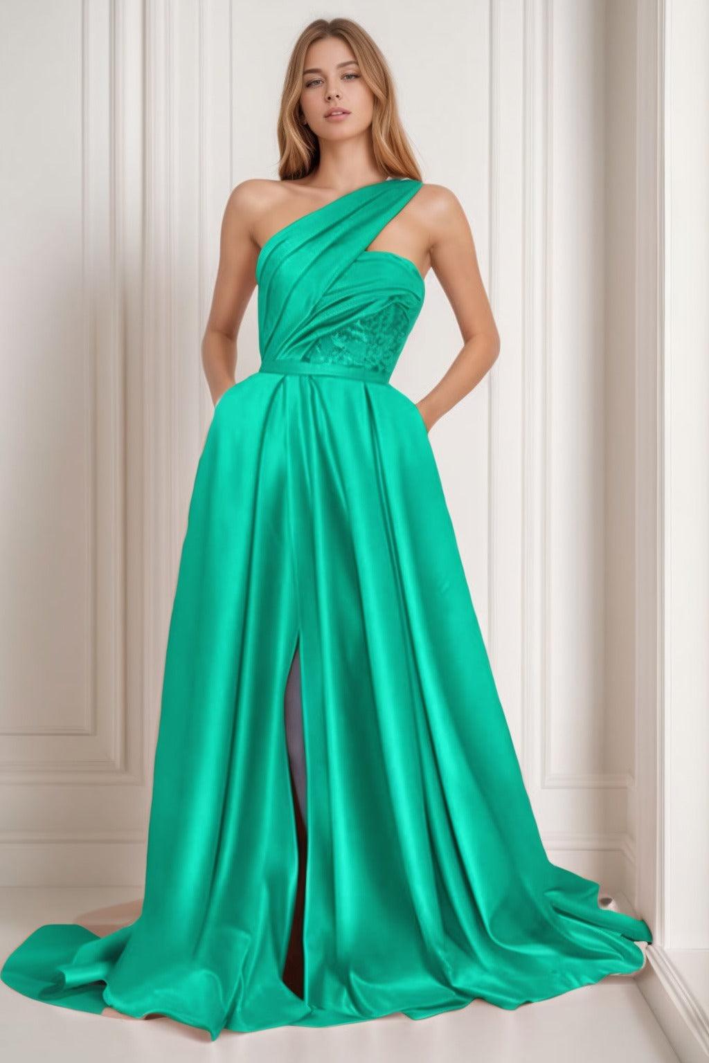 A-Line Sweep-Brush Train Satin Prom Dress CS0429 - COCOMELODY