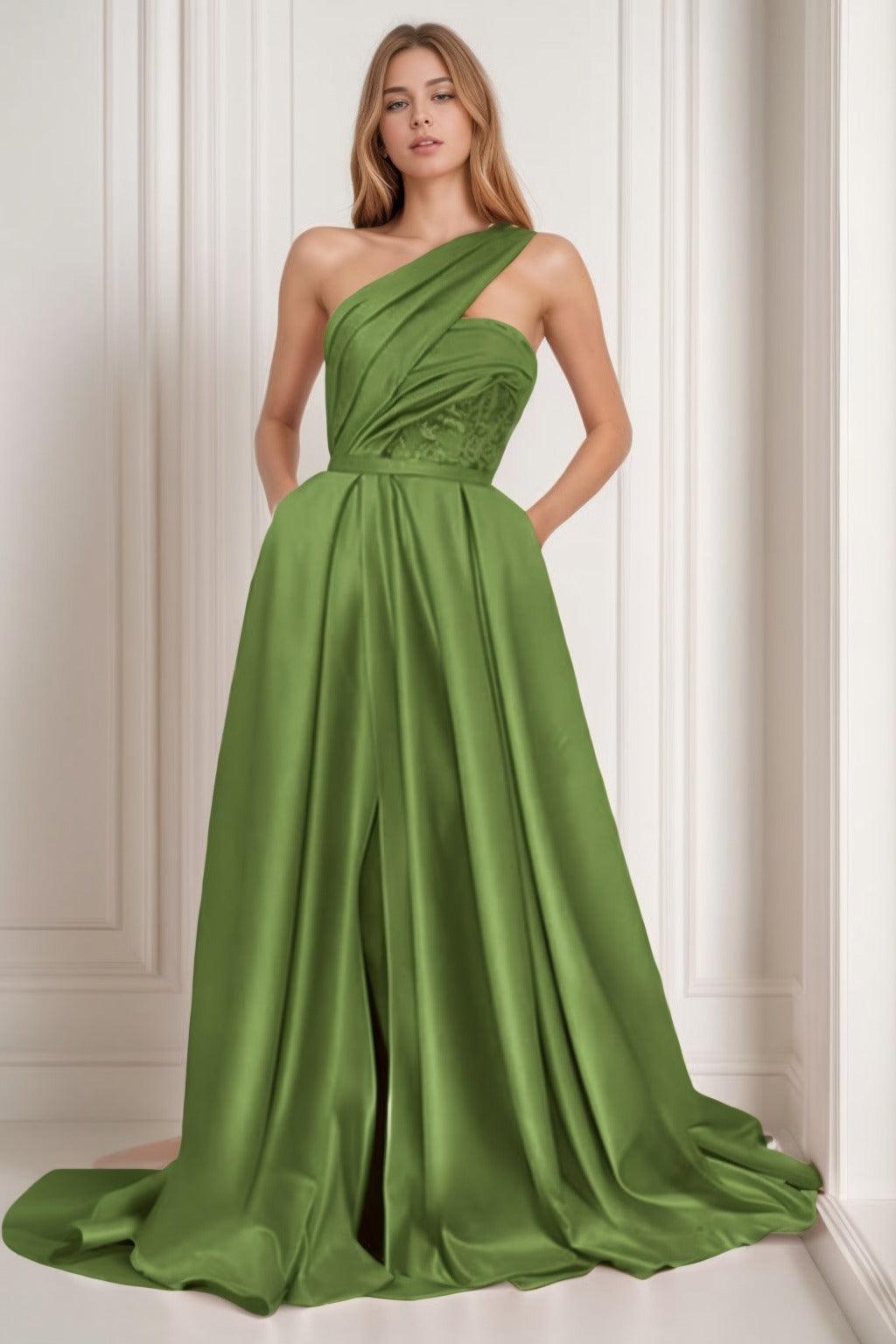 A-Line Sweep-Brush Train Satin Prom Dress CS0429 - COCOMELODY