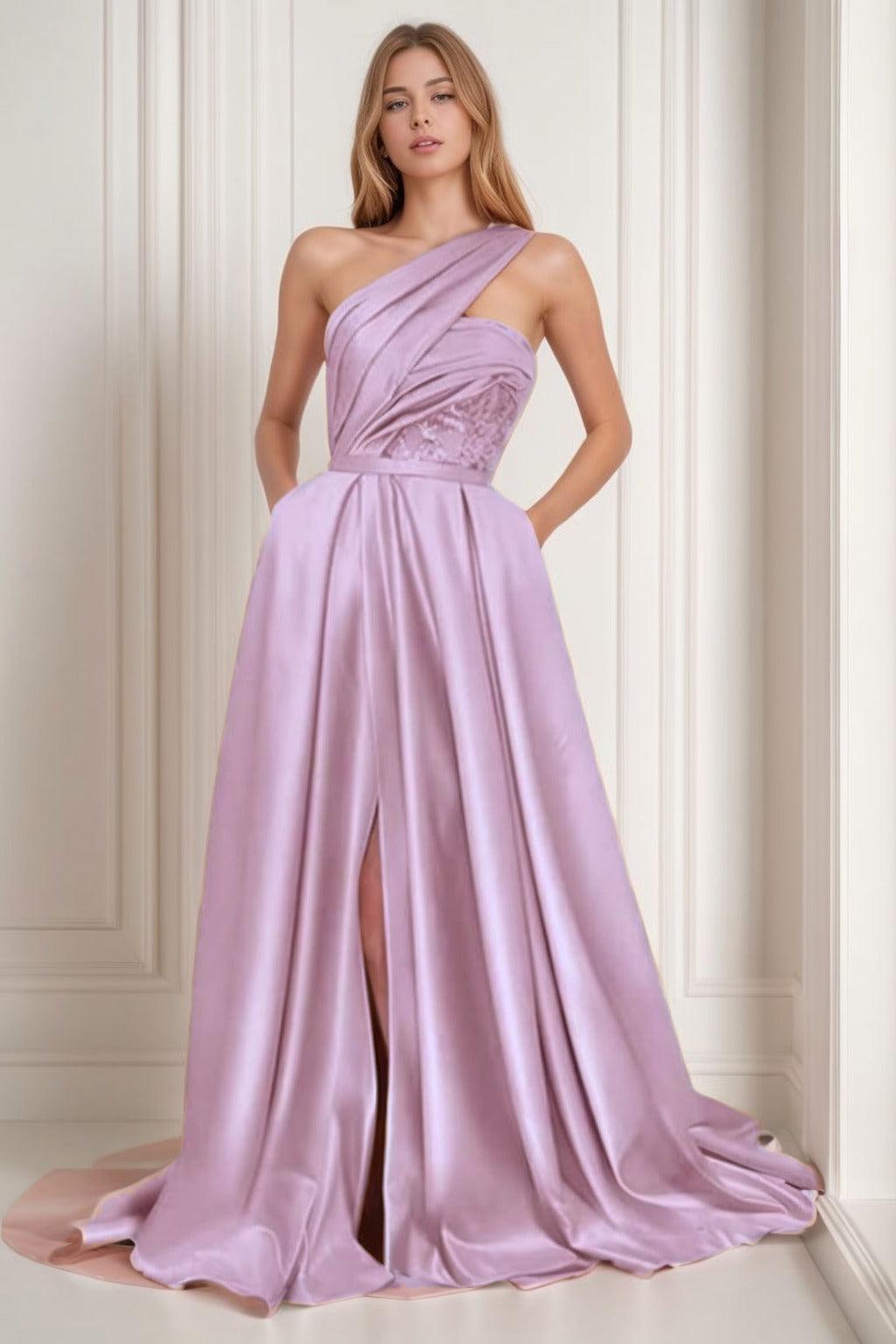 A-Line Sweep-Brush Train Satin Prom Dress CS0429 - COCOMELODY