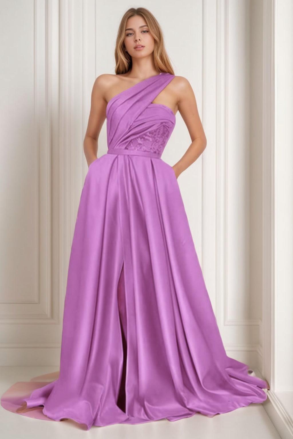 A-Line Sweep-Brush Train Satin Prom Dress CS0429 - COCOMELODY