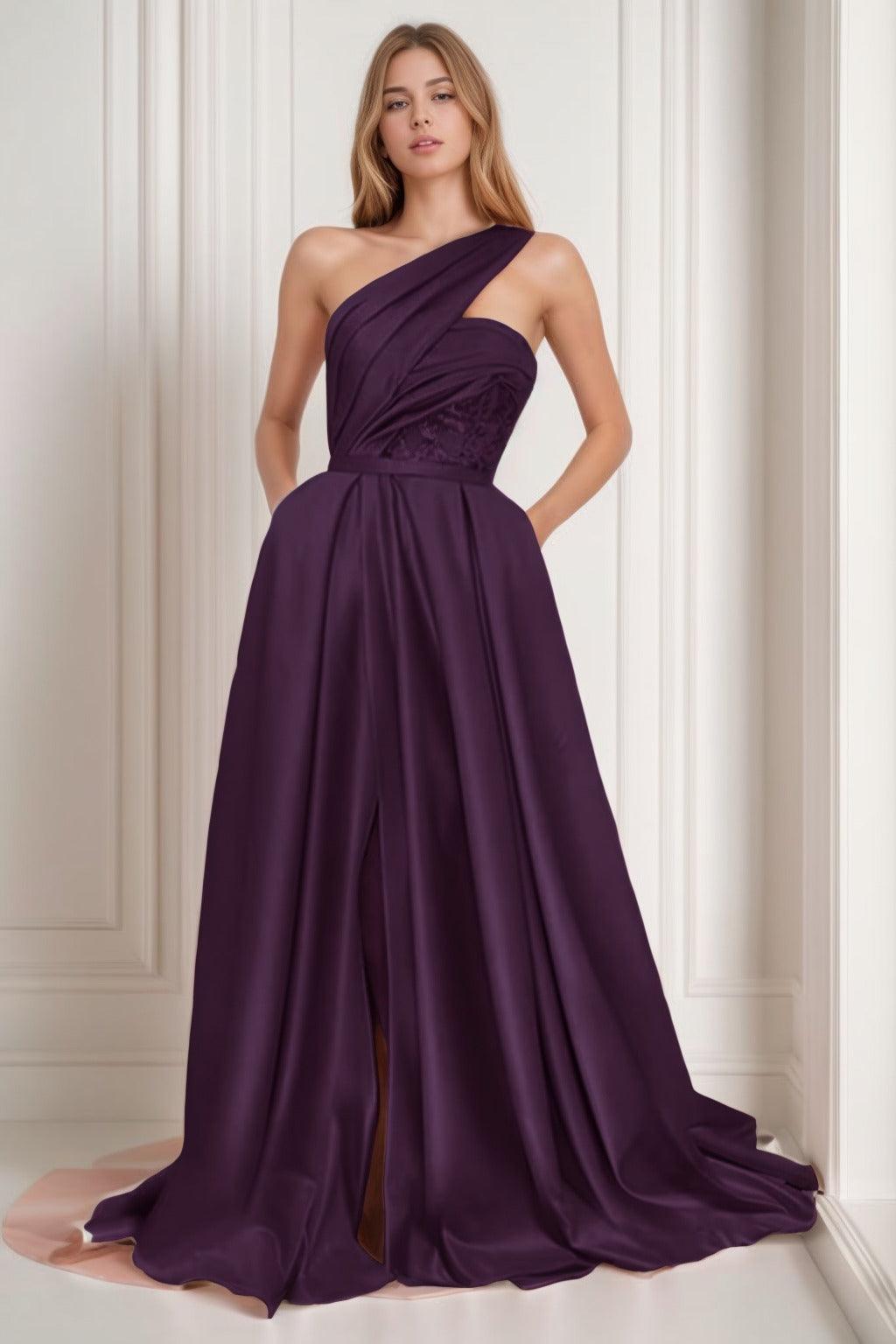A-Line Sweep-Brush Train Satin Prom Dress CS0429 - COCOMELODY