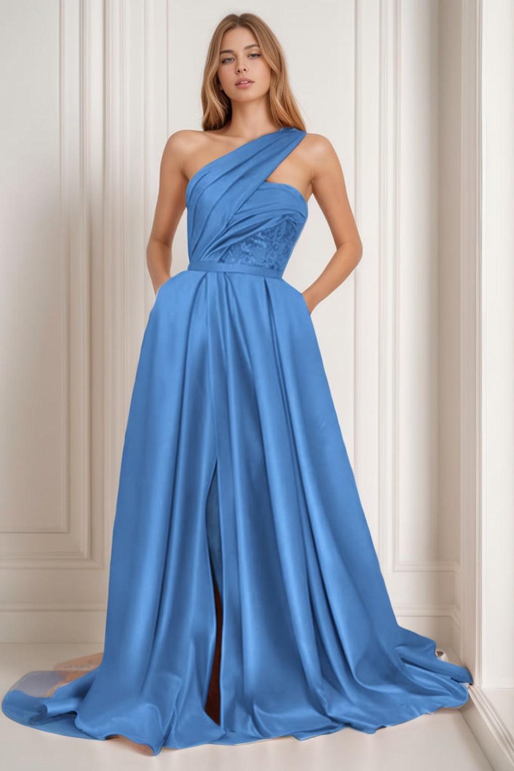 A-Line Sweep-Brush Train Satin Prom Dress CS0429 - COCOMELODY