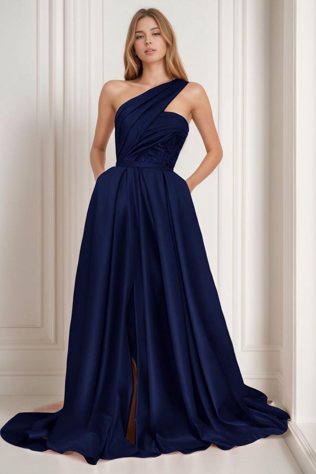A-Line Sweep-Brush Train Satin Prom Dress CS0429 - COCOMELODY