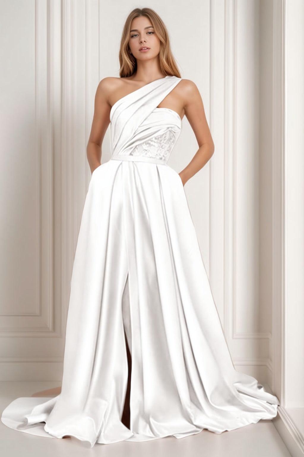 A-Line Sweep-Brush Train Satin Prom Dress CS0429 - COCOMELODY