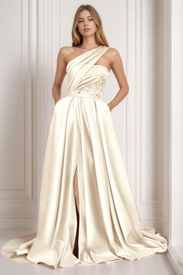 A-Line Sweep-Brush Train Satin Prom Dress CS0429 - COCOMELODY