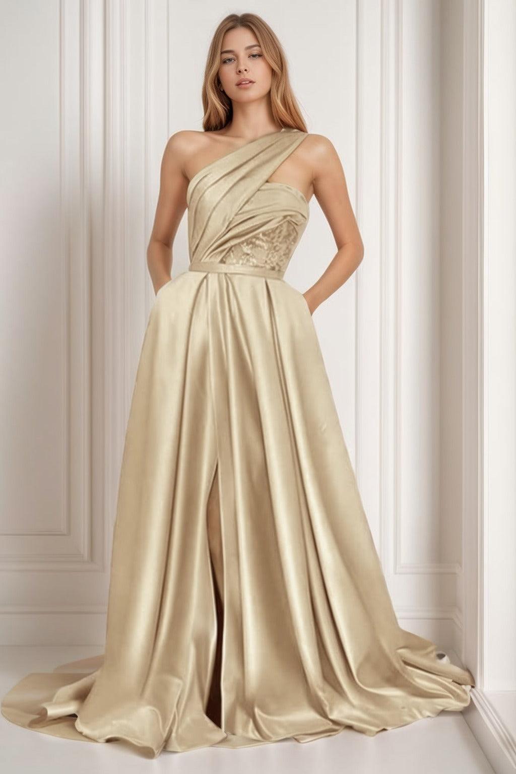 A-Line Sweep-Brush Train Satin Prom Dress CS0429 - COCOMELODY