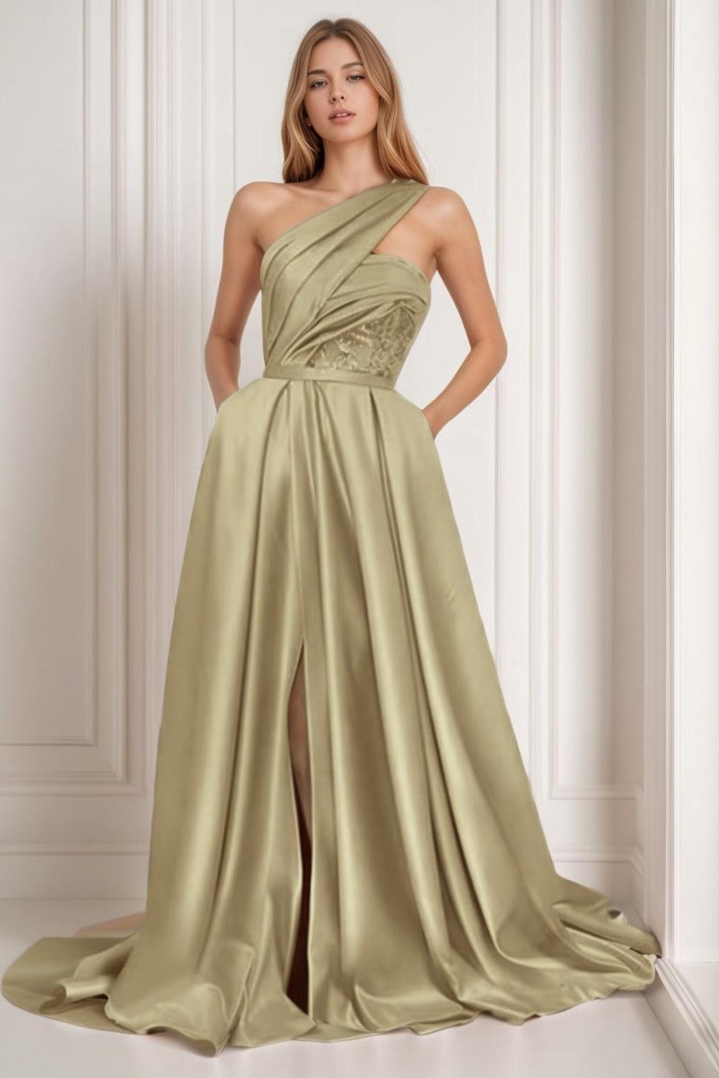 A-Line Sweep-Brush Train Satin Prom Dress CS0429 - COCOMELODY