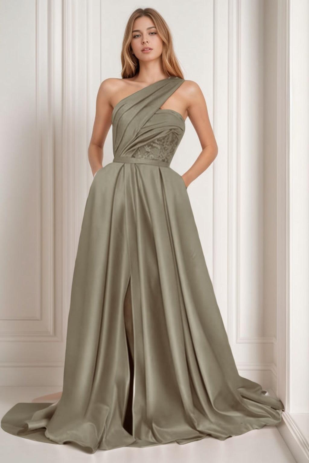 A-Line Sweep-Brush Train Satin Prom Dress CS0429 - COCOMELODY