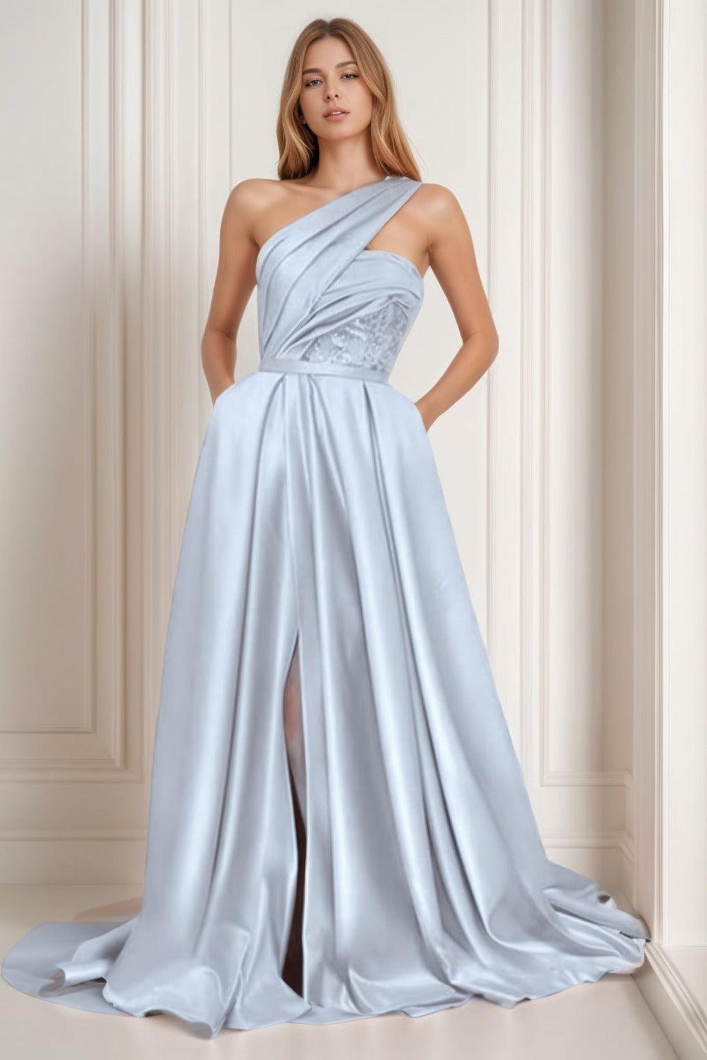 A-Line Sweep-Brush Train Satin Prom Dress CS0429 - COCOMELODY
