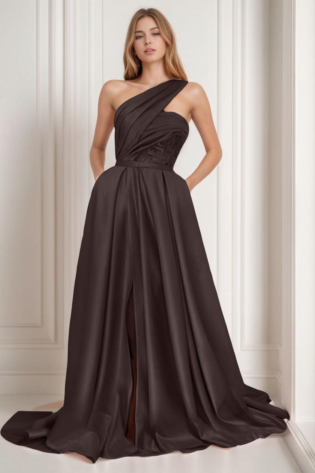A-Line Sweep-Brush Train Satin Prom Dress CS0429 - COCOMELODY