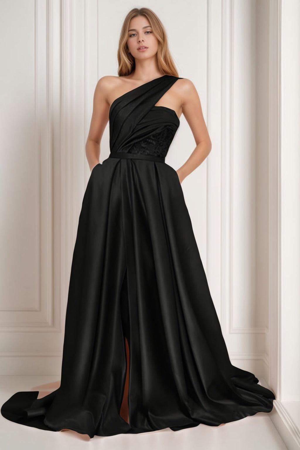 A-Line Sweep-Brush Train Satin Prom Dress CS0429 - COCOMELODY