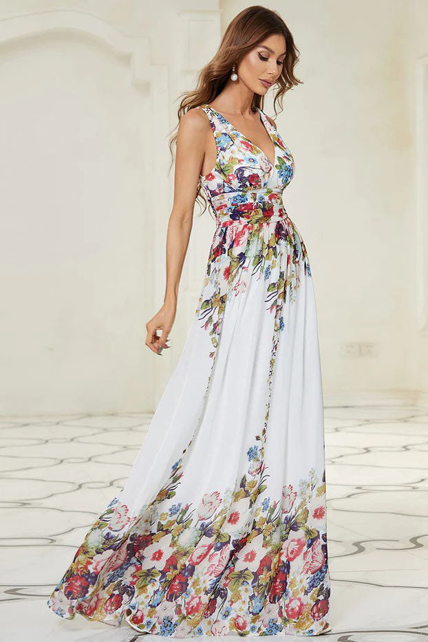 A-Line Floor Length Printed Chiffon Dress CS0394