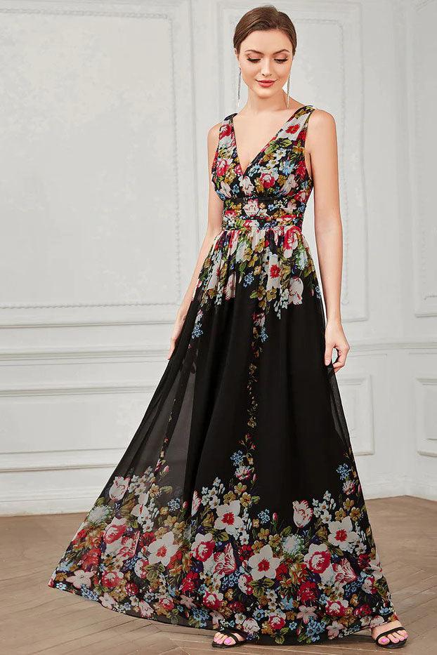 A-Line Floor Length Printed Chiffon Dress CS0394