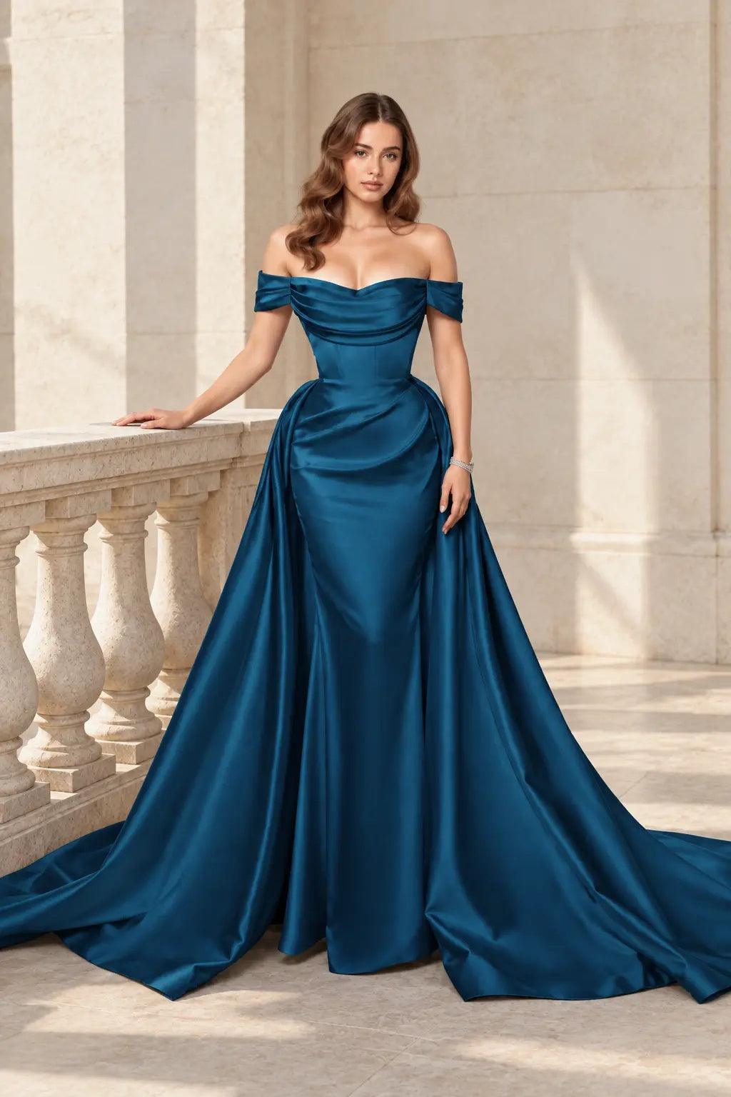 A-Line Chapel Train Satin Prom Dress CS0416 - Ink Blue - COCOMELODY