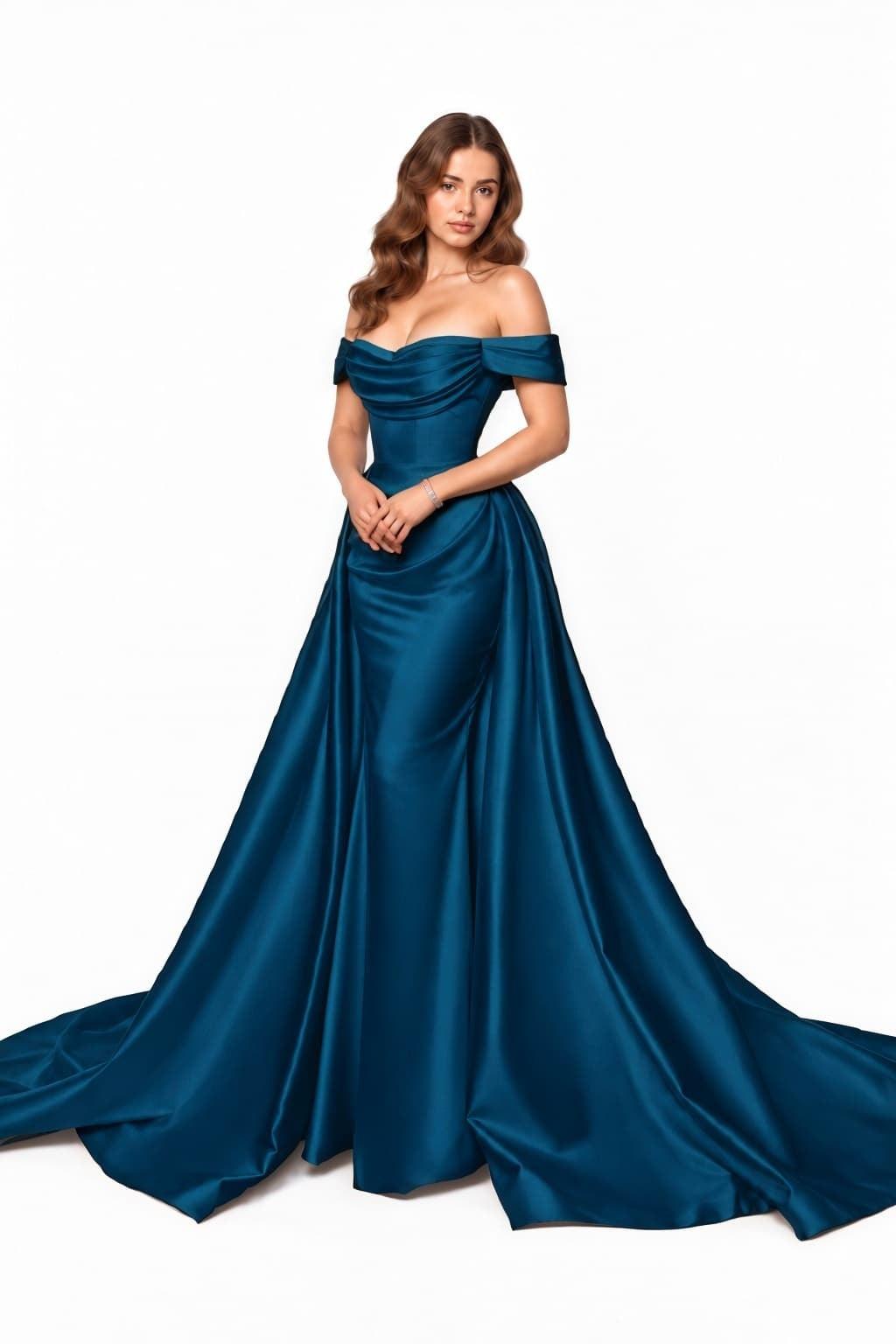 A-Line Chapel Train Satin Prom Dress CS0416 - Ink Blue - COCOMELODY