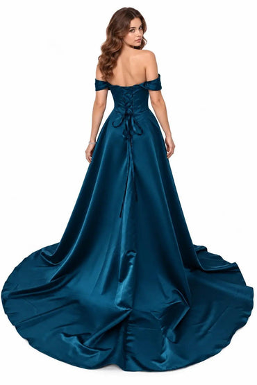 A-Line Chapel Train Satin Prom Dress CS0416 - Ink Blue - COCOMELODY