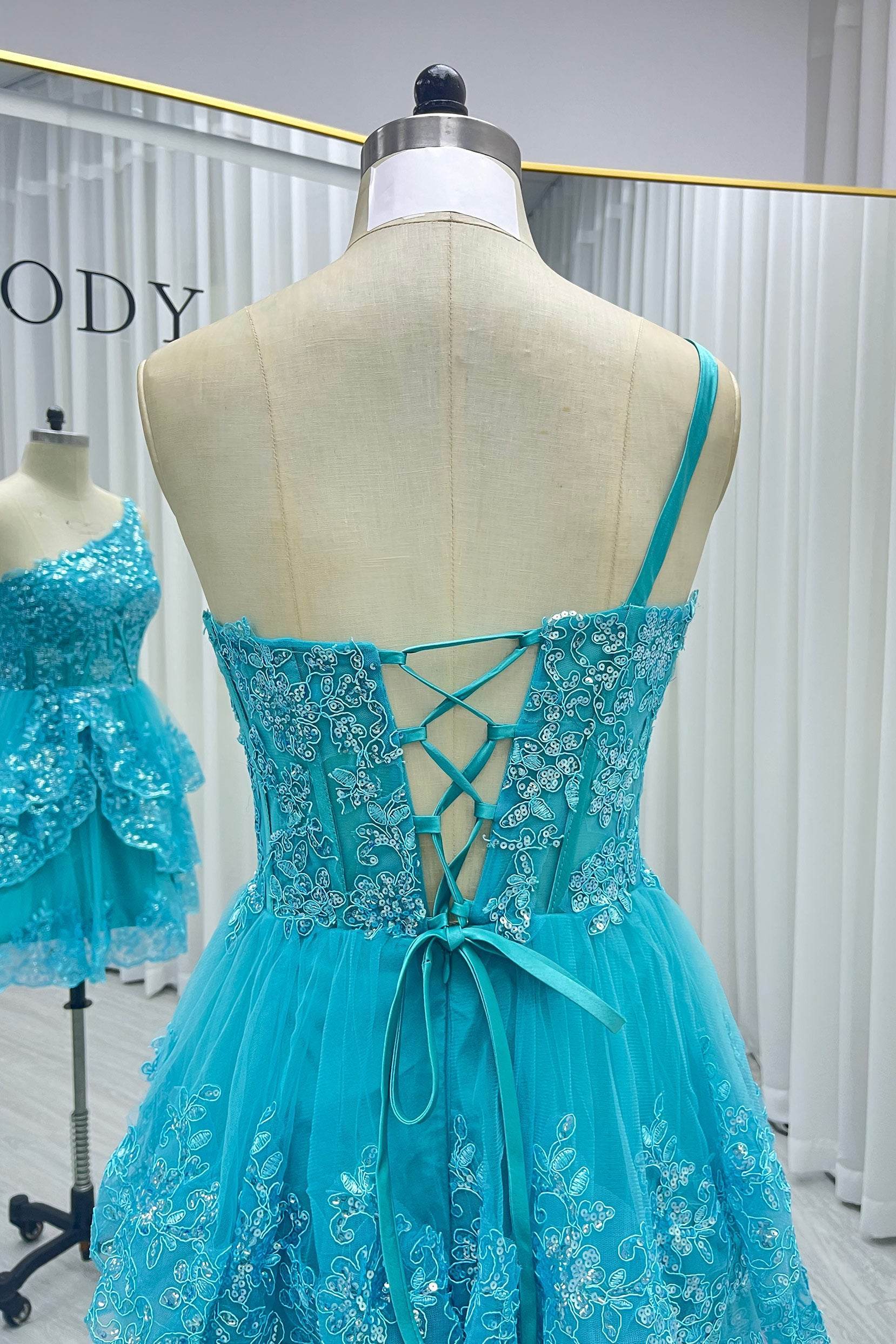 A-line Short Mini Tulle Prom Dress One Shoulder Tiered Lace Homecoming Dresses COCOMELODY CS0420, Tiffany Blue A-line Short Mini Tulle Prom Dress One Shoulder Tiered Lace Homecoming Dresses COCOMELODY CS0420, Tiffany Blue