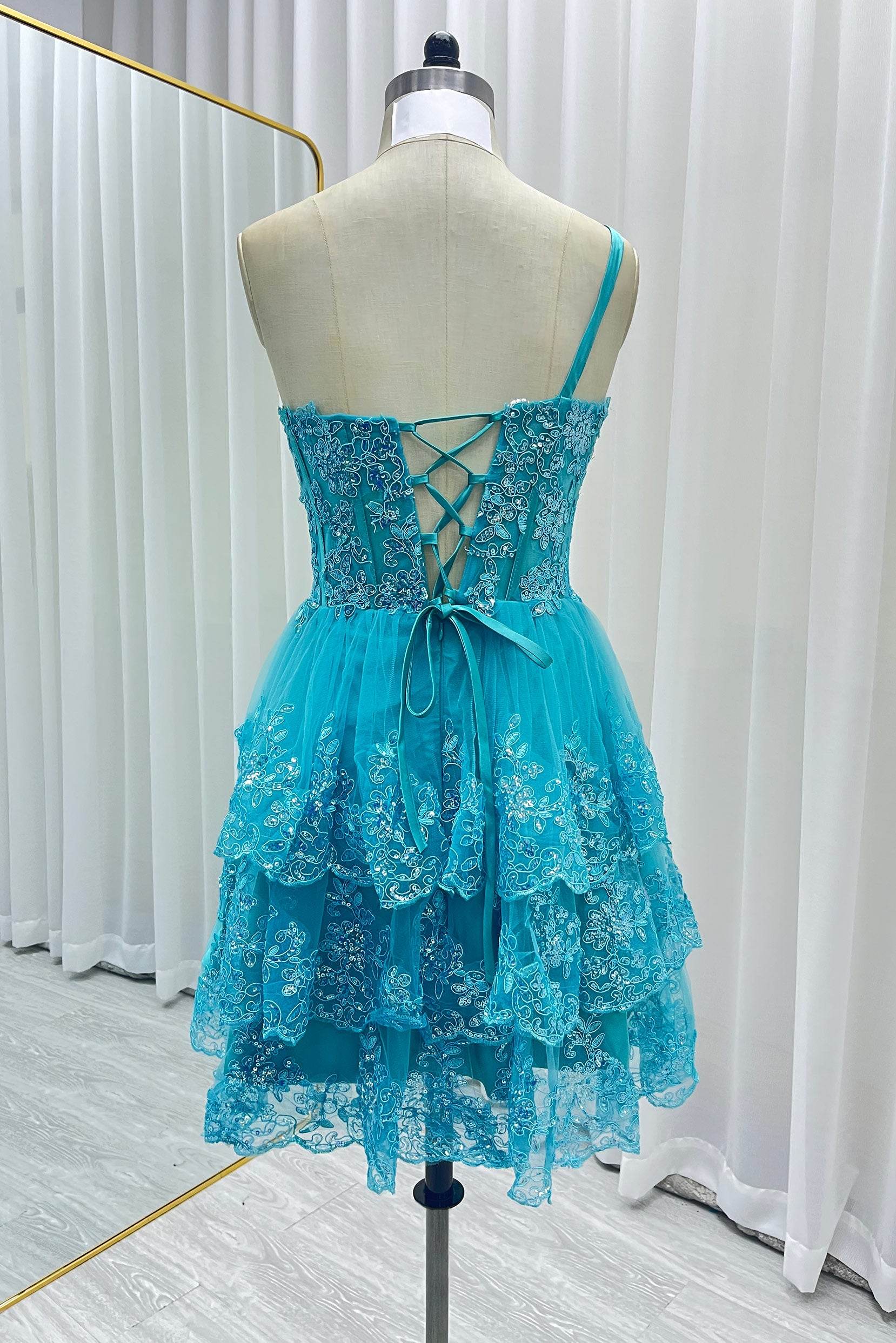 A-line Short Mini Tulle Prom Dress One Shoulder Tiered Lace Homecoming Dresses COCOMELODY CS0420, Tiffany Blue A-line Short Mini Tulle Prom Dress One Shoulder Tiered Lace Homecoming Dresses COCOMELODY CS0420, Tiffany Blue