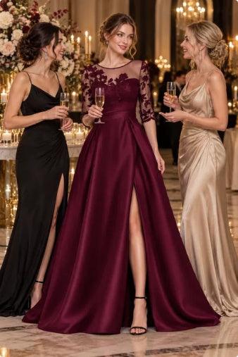 A-Line Sweep-Brush Train Satin Prom Dress CS0456 - Mulberry - COCOMELODY