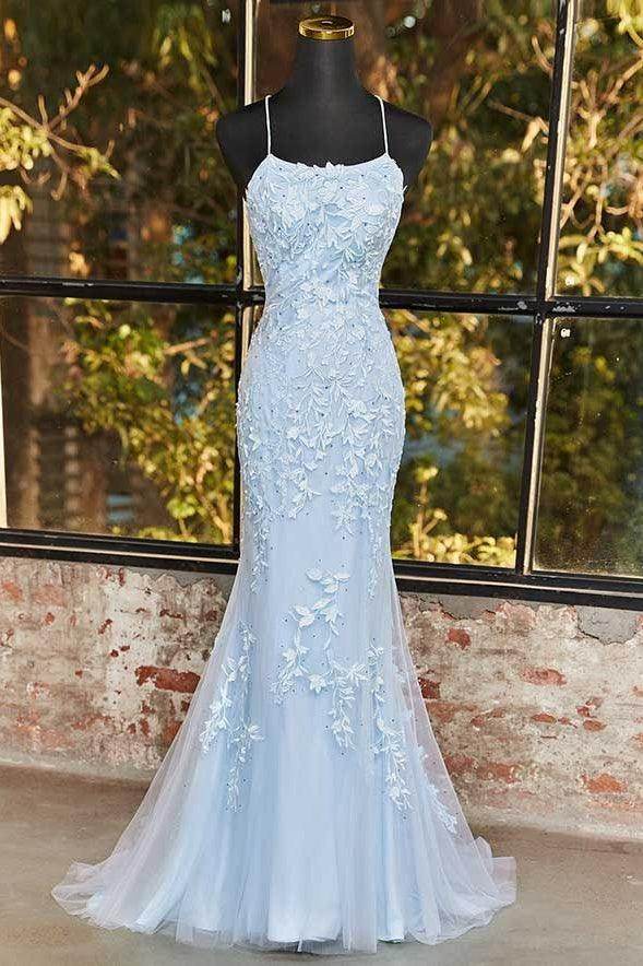 Cocomelody Sheath Tulle Prom Dress with Appliques CS0489, Ice Blue Cocomelody Sheath Tulle Prom Dress with Appliques CS0489, Ice Blue