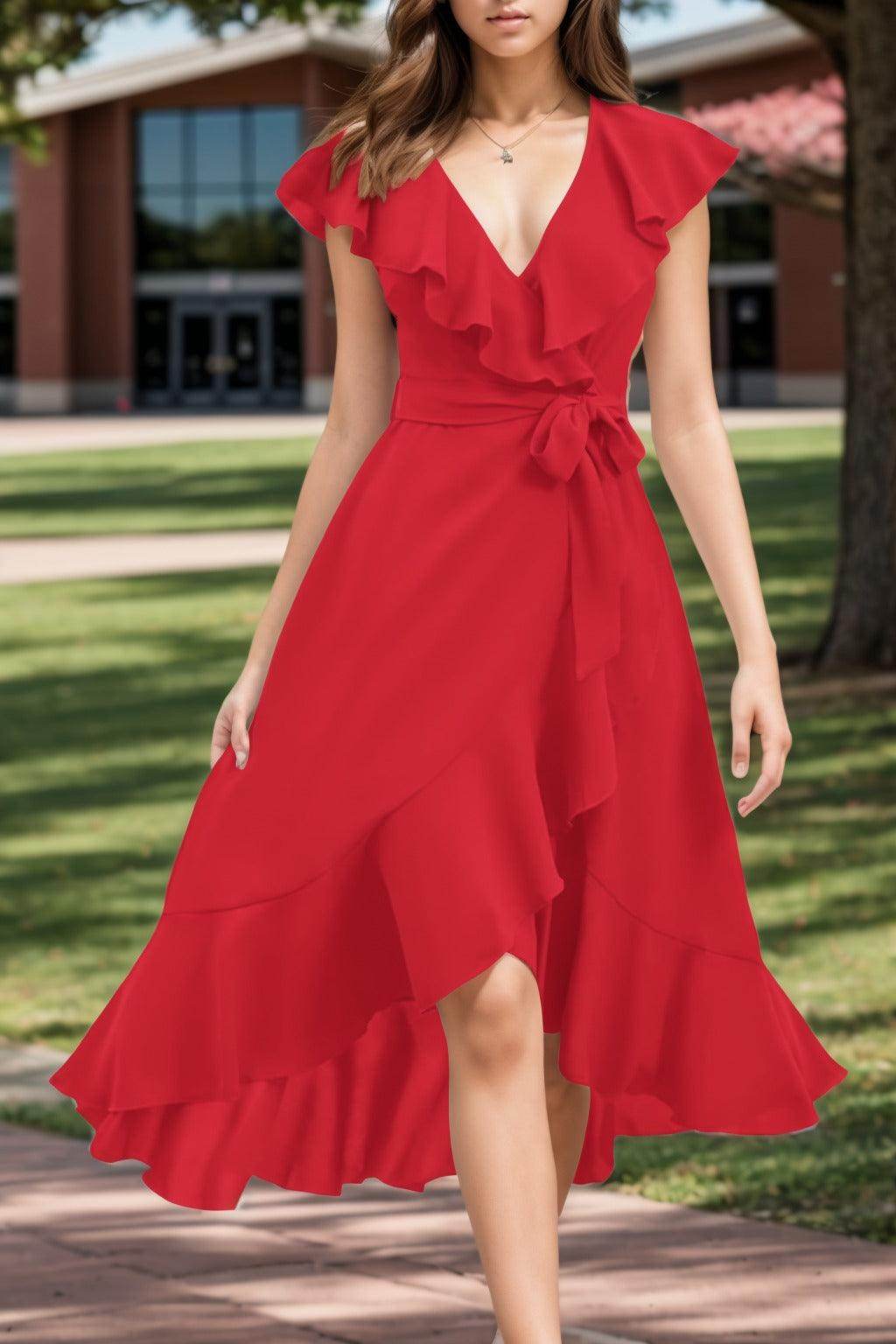 A-Line High-Low Chiffon Graduation Dresses COCOMELODY CS0544, Vermilion A-Line High-Low Chiffon Graduation Dresses COCOMELODY CS0544, Vermilion