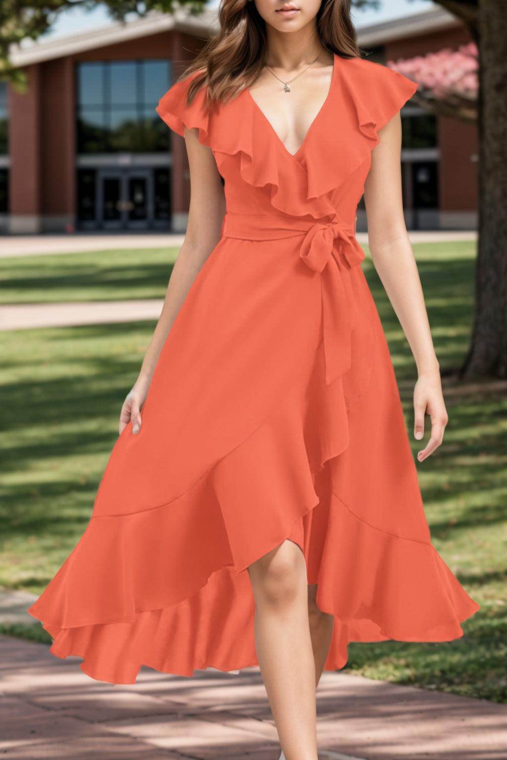 A-Line High-Low Chiffon Graduation Dresses COCOMELODY CS0544, Vermilion A-Line High-Low Chiffon Graduation Dresses COCOMELODY CS0544, Vermilion