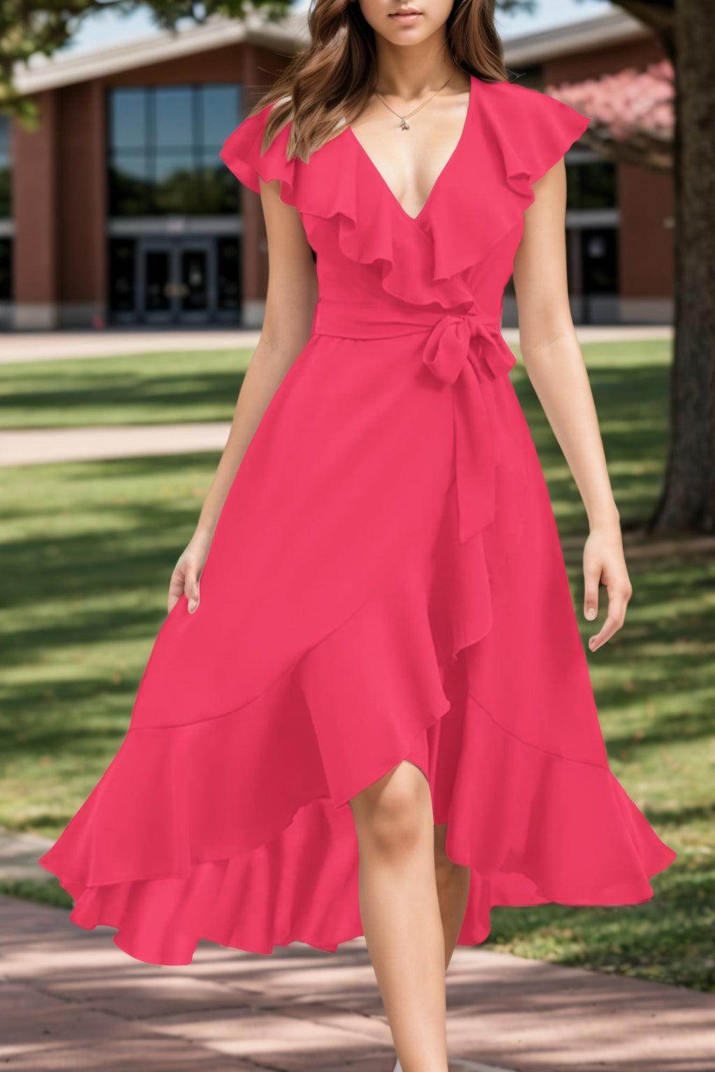 A-Line High-Low Chiffon Graduation Dresses COCOMELODY CS0544, Vermilion A-Line High-Low Chiffon Graduation Dresses COCOMELODY CS0544, Vermilion