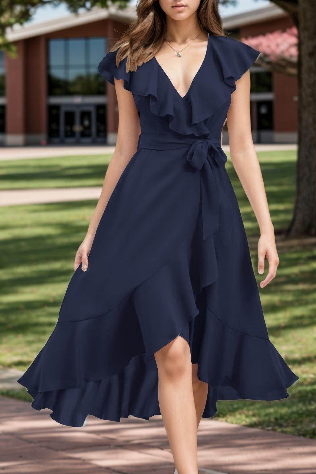 A-Line High-Low Chiffon Graduation Dresses COCOMELODY CS0544, Dark Navy A-Line High-Low Chiffon Graduation Dresses COCOMELODY CS0544, Dark Navy