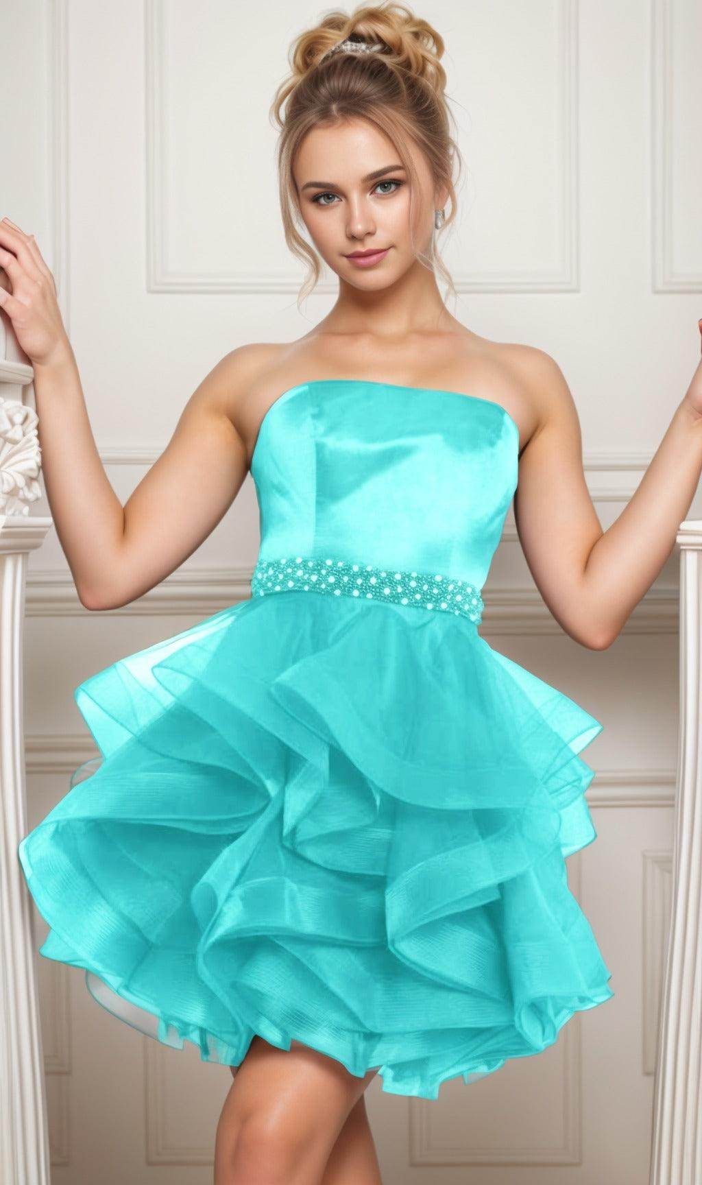 Ball Gown Short-Mini Organza Graduation Dresses COCOMELODY CS0550, Blue Turquoise Ball Gown Short-Mini Organza Graduation Dresses COCOMELODY CS0550, Blue Turquoise