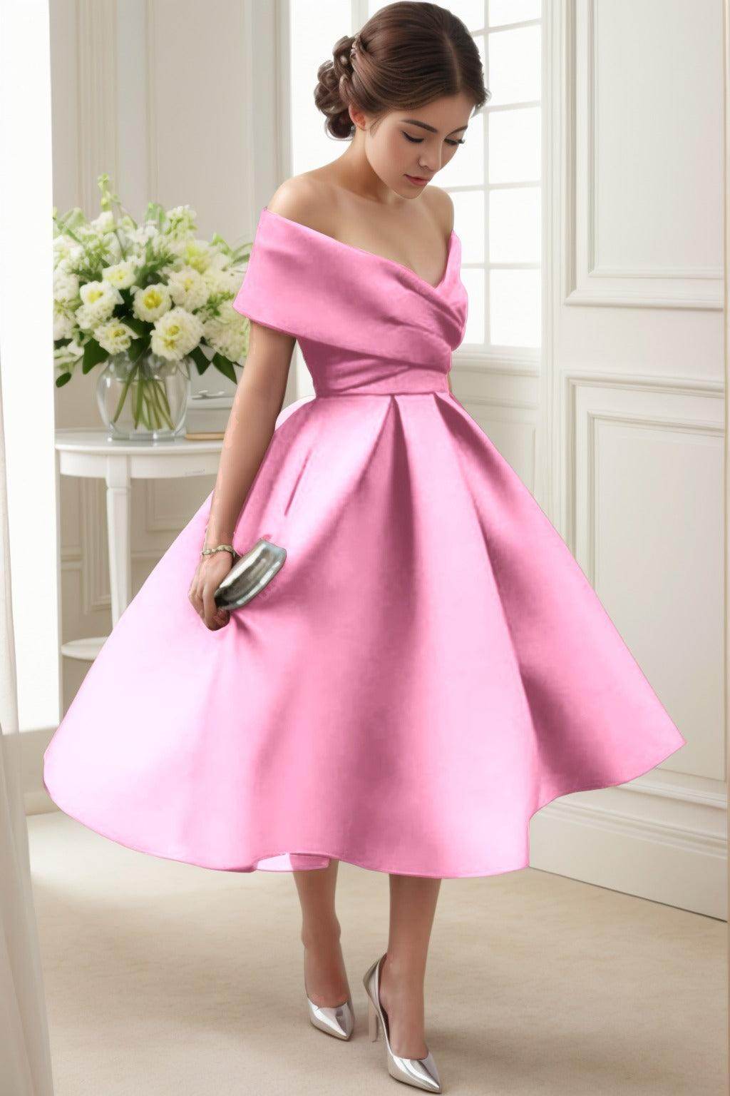 A-Line Tea Length Satin Graduation Dresses COCOMELODY CS0556, Princess Blue A-Line Tea Length Satin Graduation Dresses COCOMELODY CS0556, Princess Blue