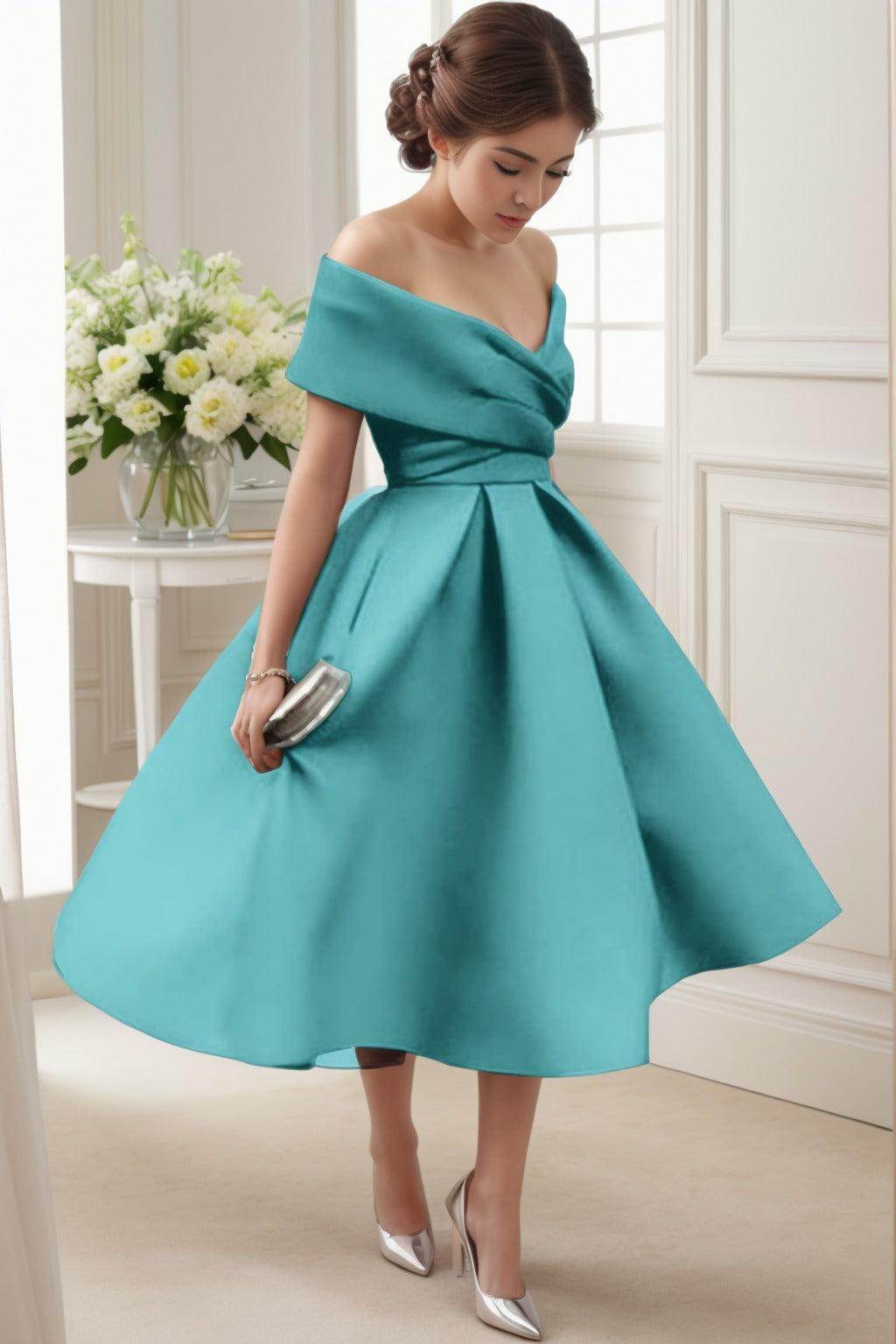 A-Line Tea Length Satin Graduation Dresses COCOMELODY CS0556, Princess Blue A-Line Tea Length Satin Graduation Dresses COCOMELODY CS0556, Princess Blue