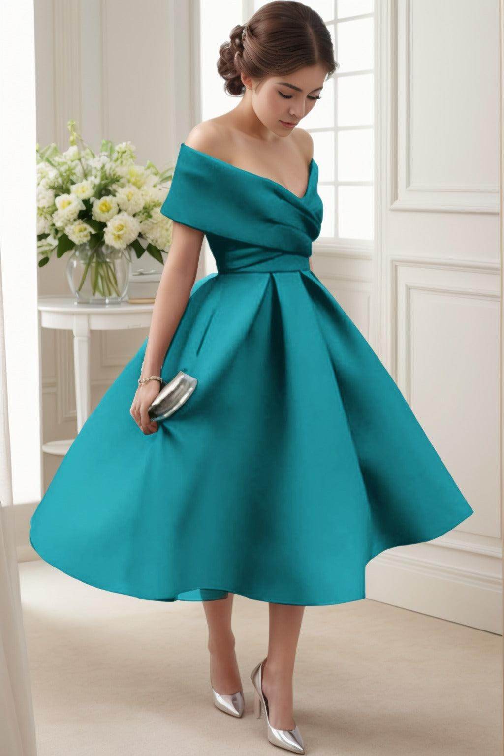 A-Line Tea Length Satin Graduation Dresses COCOMELODY CS0556, Princess Blue A-Line Tea Length Satin Graduation Dresses COCOMELODY CS0556, Princess Blue