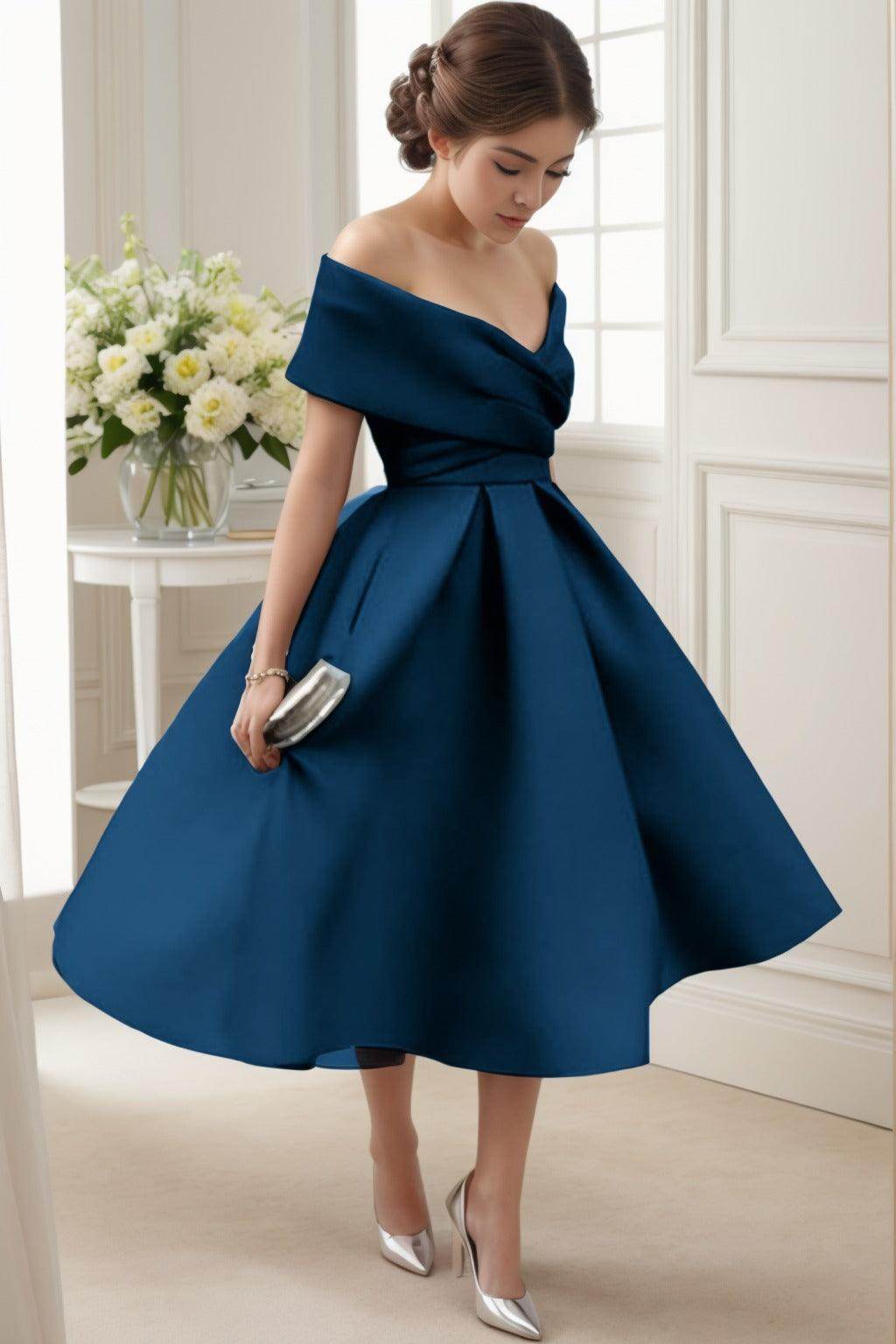 A-Line Tea Length Satin Graduation Dresses COCOMELODY CS0556, Princess Blue A-Line Tea Length Satin Graduation Dresses COCOMELODY CS0556, Princess Blue