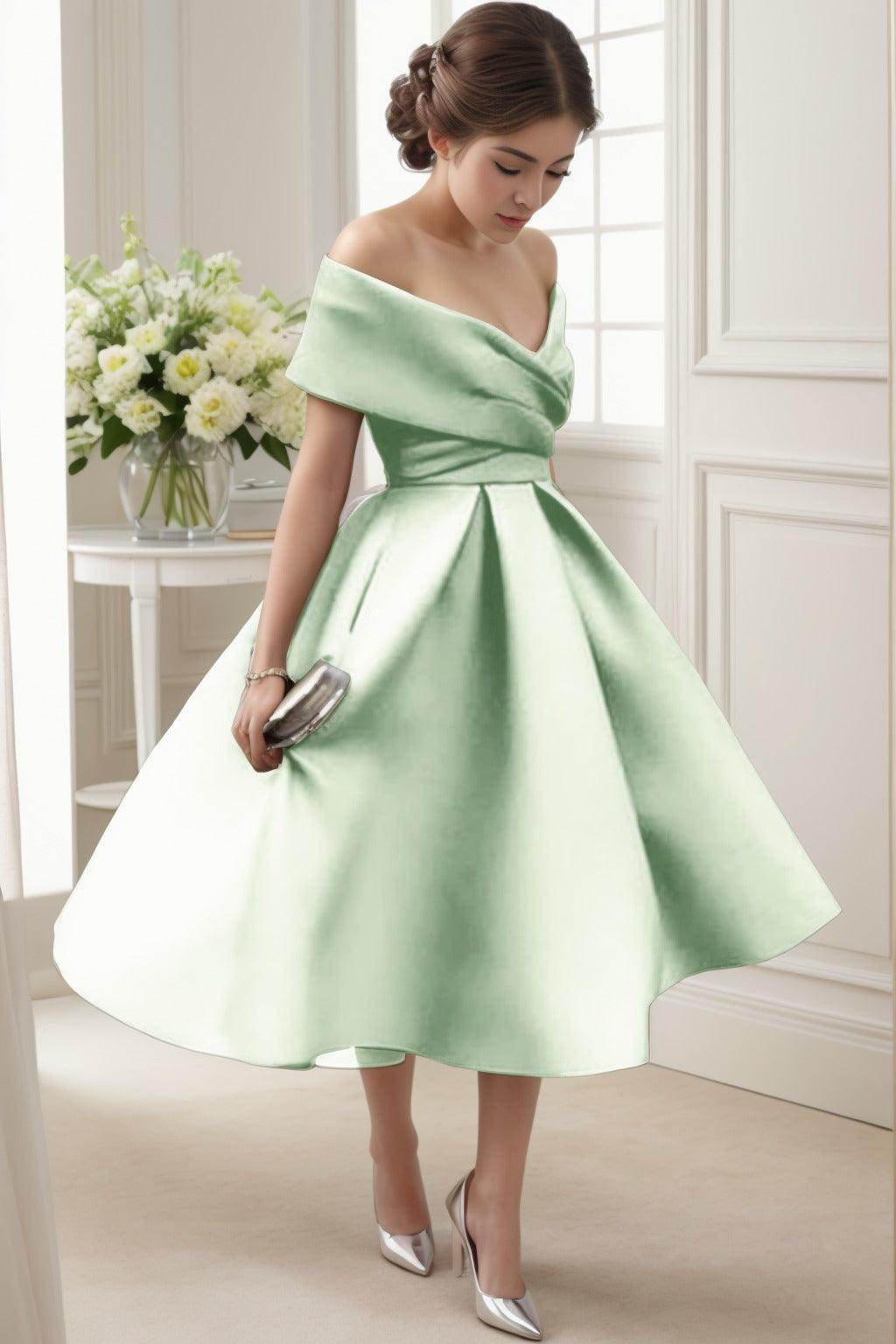 A-Line Tea Length Satin Graduation Dresses COCOMELODY CS0556, Nile Green A-Line Tea Length Satin Graduation Dresses COCOMELODY CS0556, Nile Green