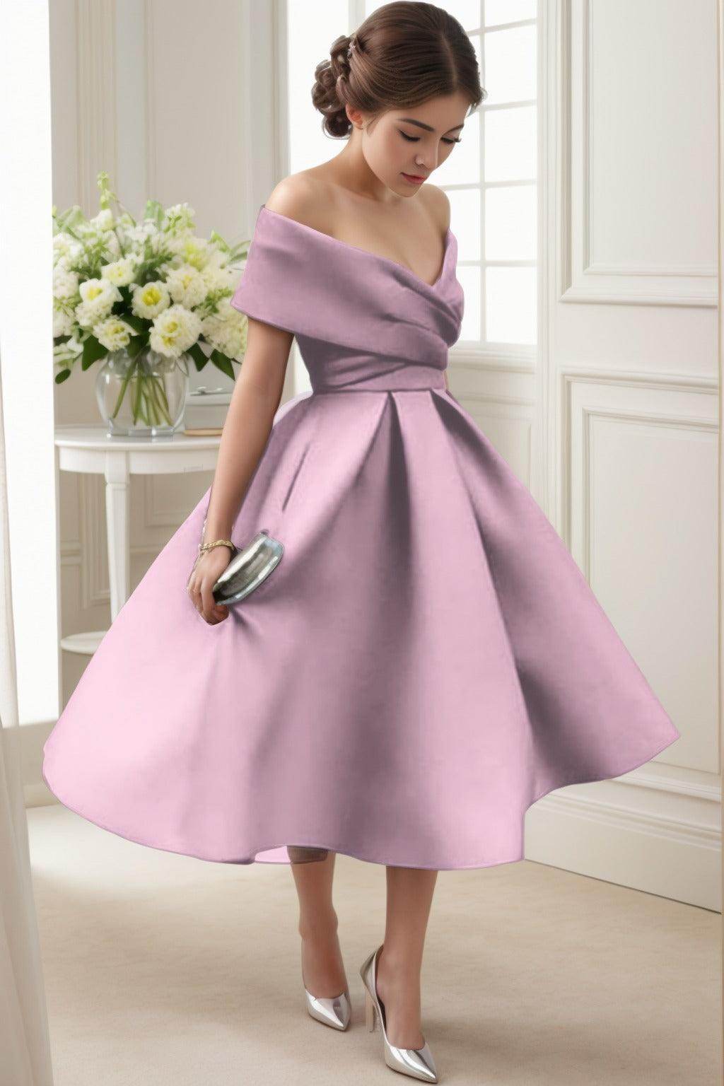 A-Line Tea Length Satin Graduation Dresses COCOMELODY CS0556, Pastel Lilac A-Line Tea Length Satin Graduation Dresses COCOMELODY CS0556, Pastel Lilac