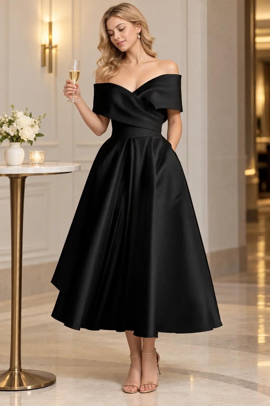 A-Line Ankle Length Satin Mother of the Bride Dress CS0564 - Black - COCOMELODY