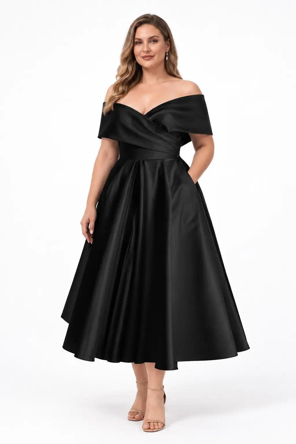 A-Line Ankle Length Satin Mother of the Bride Dress CS0564 - Black - COCOMELODY
