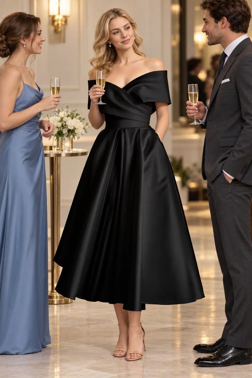 A-Line Ankle Length Satin Mother of the Bride Dress CS0564 - Black - COCOMELODY