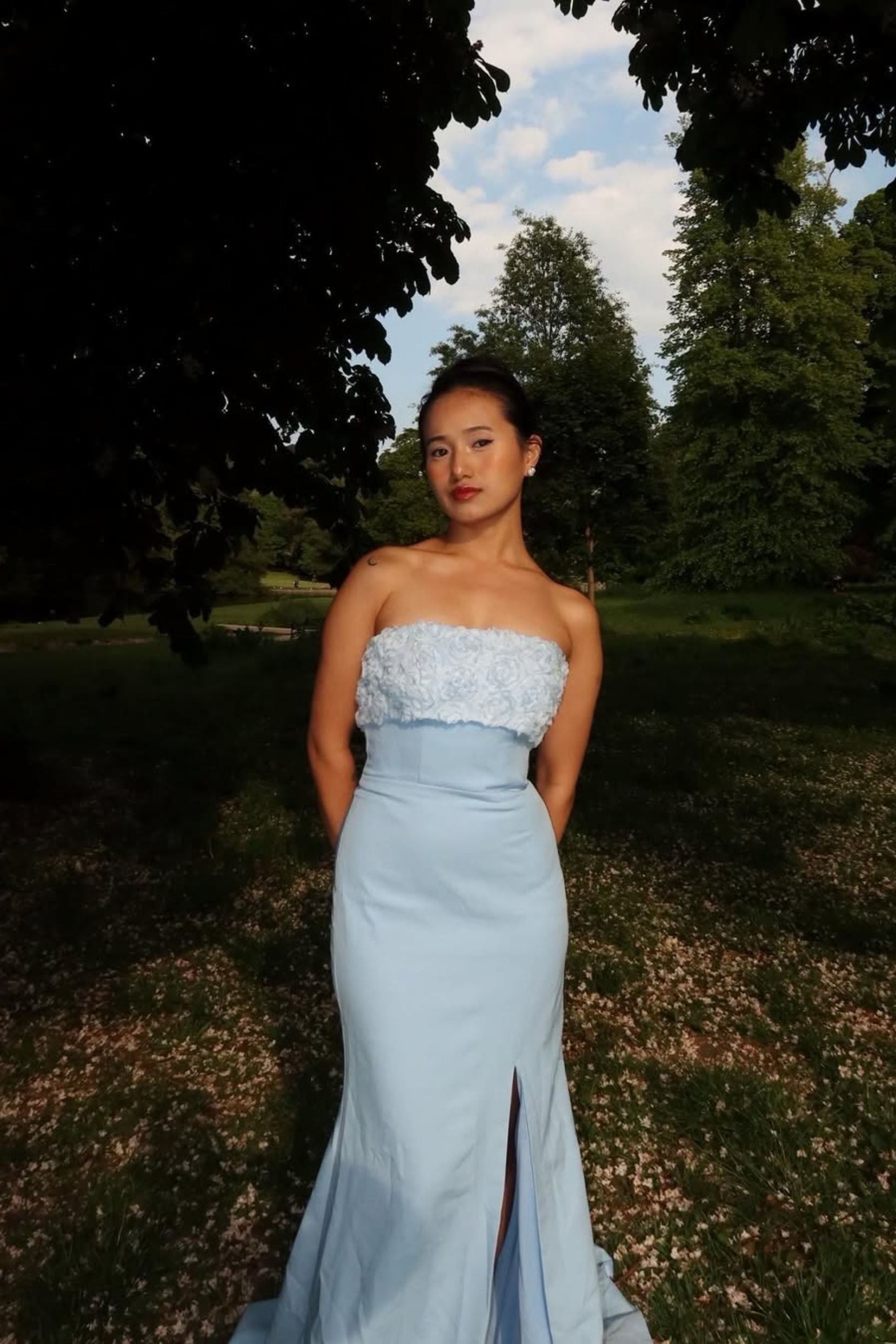 Cocomelody Sweep-Brush Train Blue Prom Dress Mermaid Formal Dress