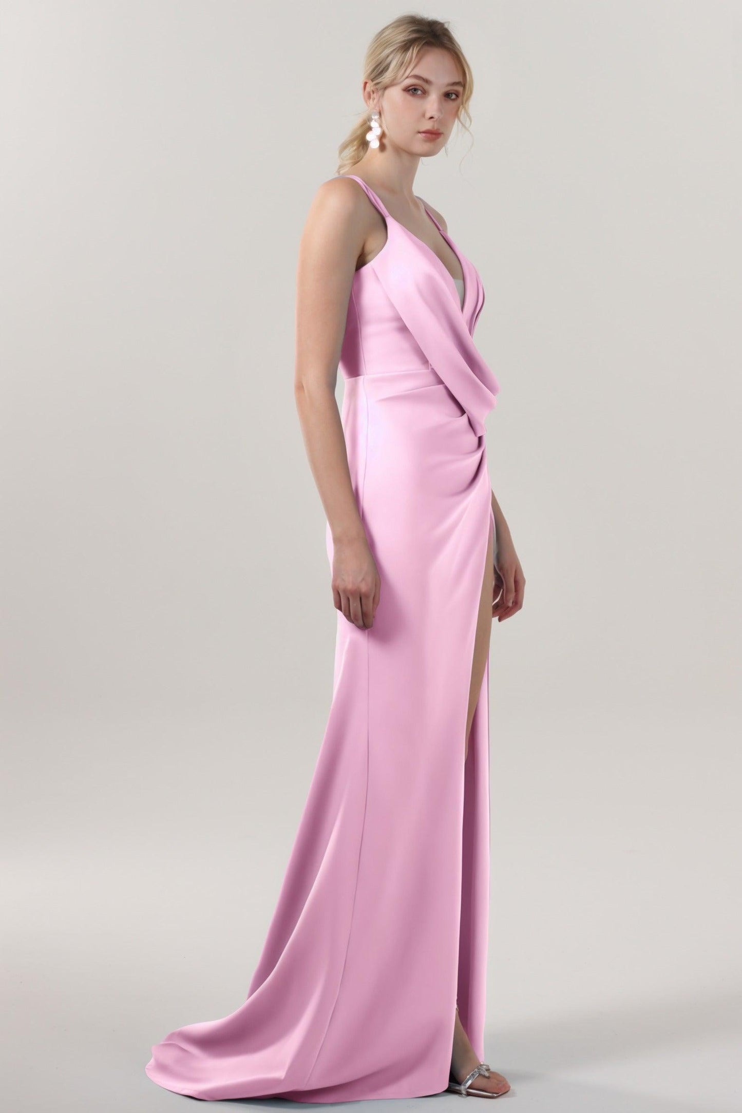 Sheath-Column Sweep-Brush Train Stretch Crepe Formal Dress CS0594