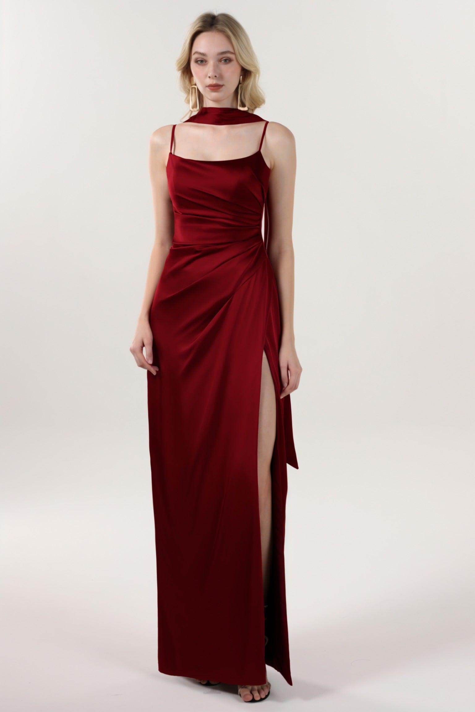 Sheath-Column Maxi Luxe Satin Formal Dress COCOMELODY CS0599, Burgundy Sheath-Column Maxi Luxe Satin Formal Dress COCOMELODY CS0599, Burgundy