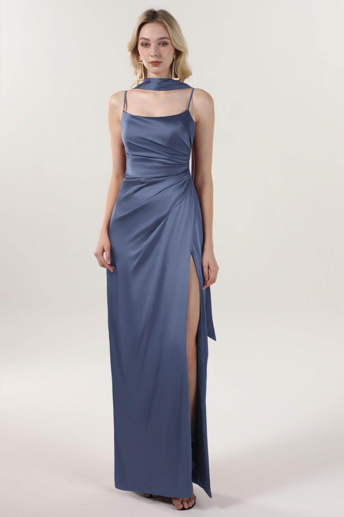 steel blue satin dress Off the Shoulder Satin Sheath Prom Dresses with Slit Basque Waistline Evening Gown main image 0