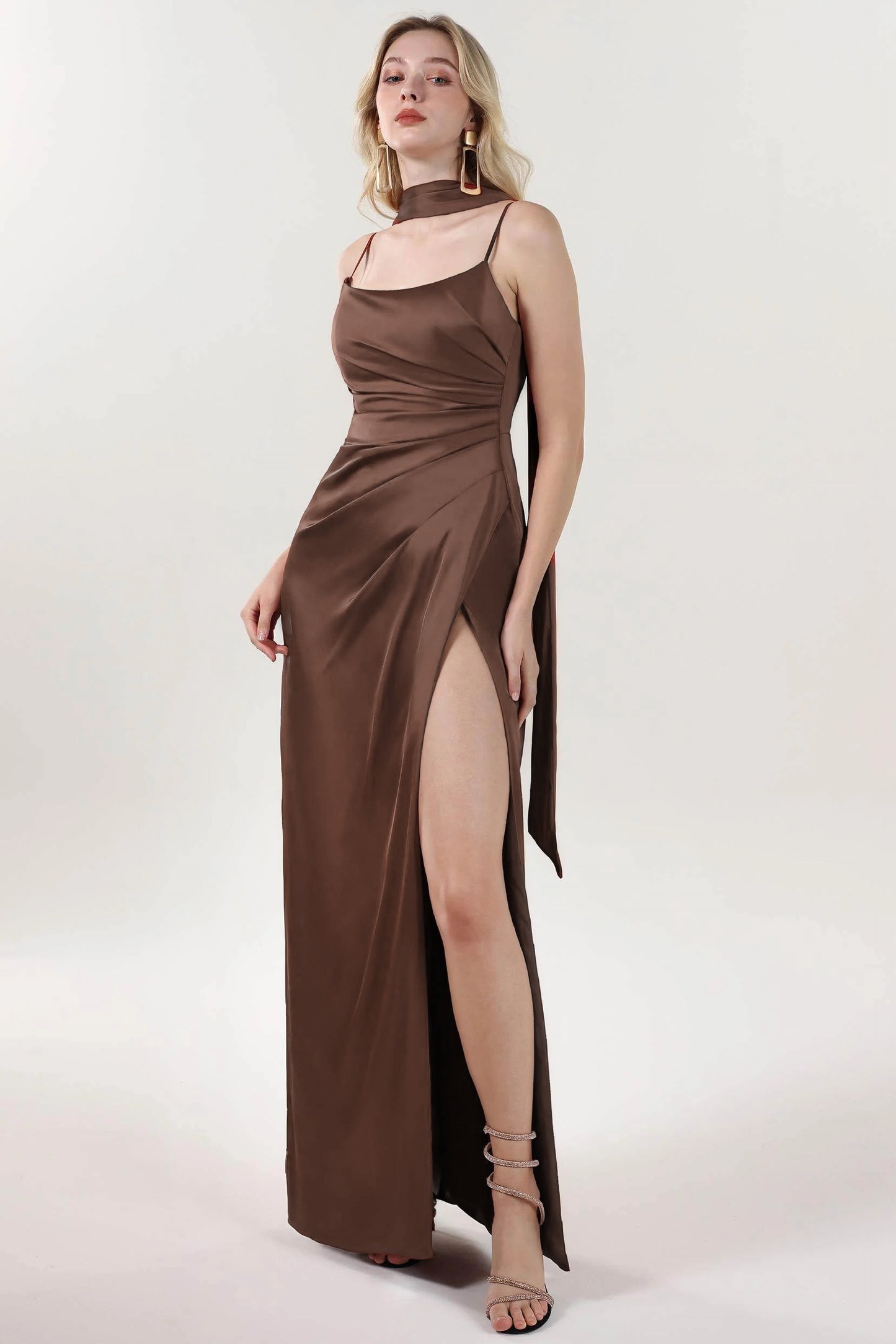 Sheath-Column Maxi Luxe Satin Bridesmaid Dress CS0599BM