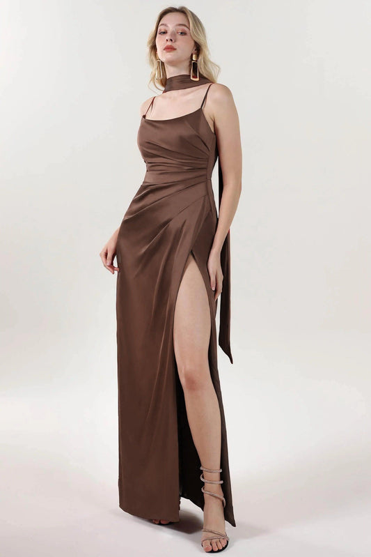 Sheath-Column Maxi Luxe Satin Bridesmaid Dress CS0599BM - Bitter Chocolate - COCOMELODY