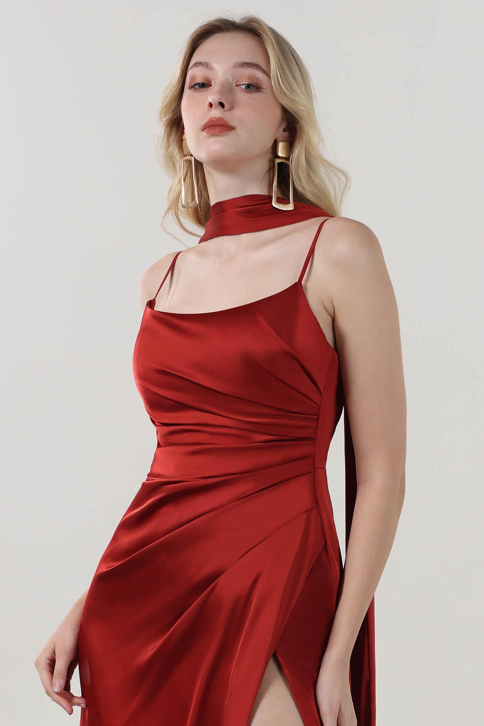 Sheath-Column Maxi Luxe Satin Formal Dress COCOMELODY CS0599, Burgundy Sheath-Column Maxi Luxe Satin Formal Dress COCOMELODY CS0599, Burgundy