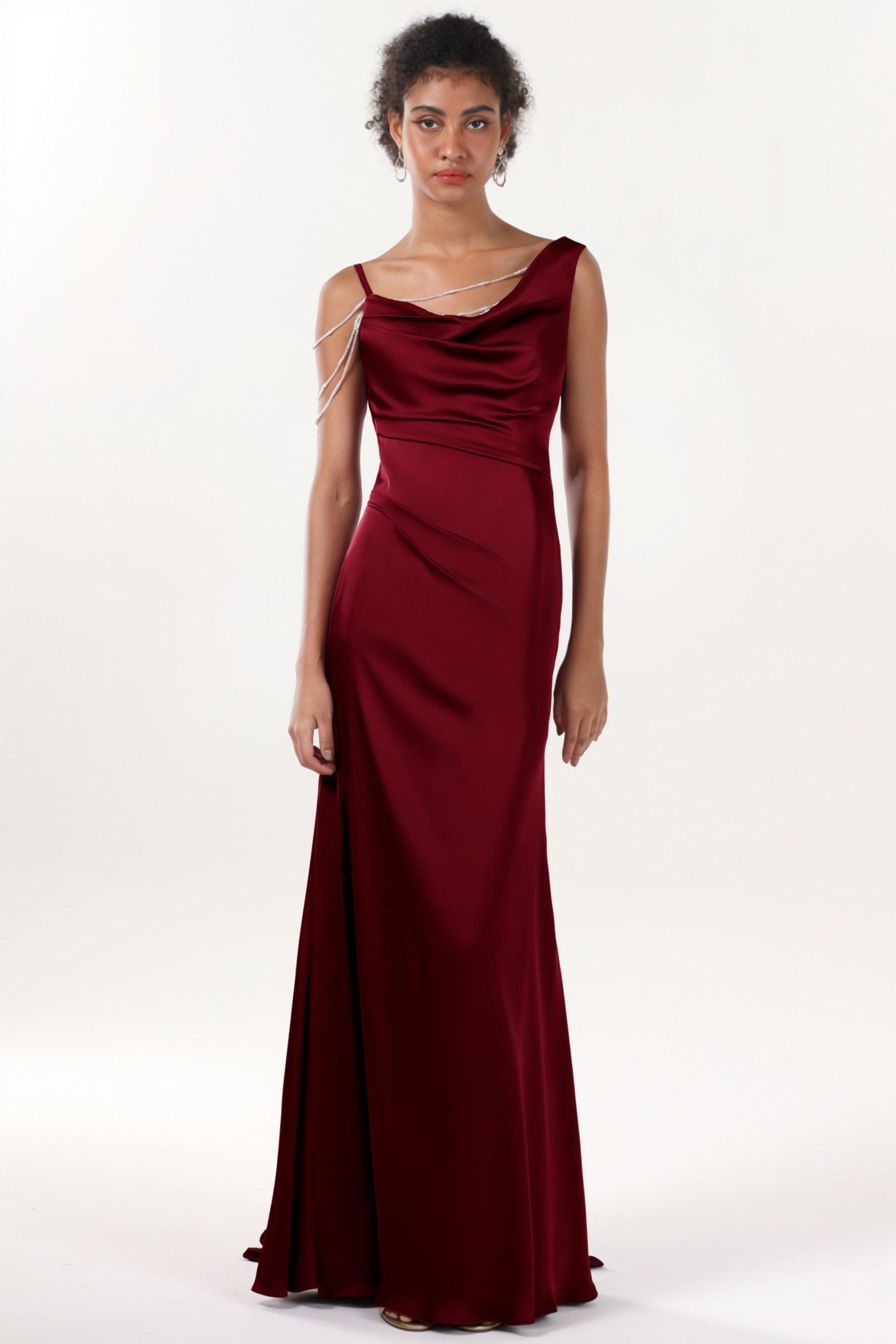 Sheath-Column Sweep-Brush Train Luxe Satin Bridesmaid Dress CS0600BM - COCOMELODY
